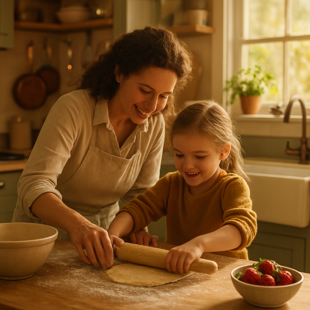 A parent and child baking together at a rustic kitchen island with flour and fresh strawberries in golden afternoon light