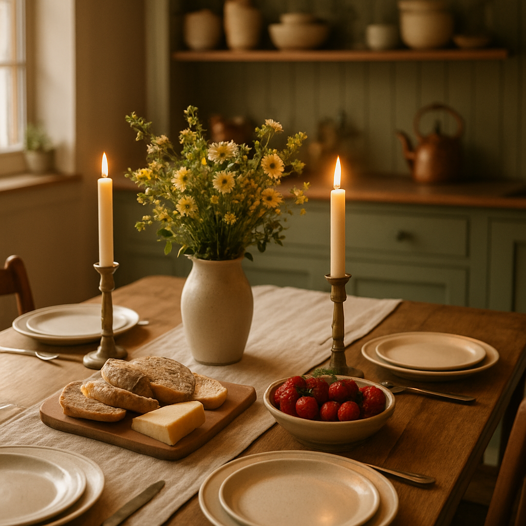 A cozy kitchen table set for a gathering with wildflowers, candles, bread, and strawberries in warm evening light
